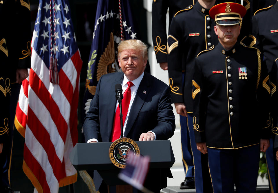 <span class="s1">After he canceled a visit by the Philadelphia Eagles, President Trump holds a “celebration of America” event, including the Army Chorus, at the White House on June 5. (Photo: Kevin Lamarque/Reuters)</span>