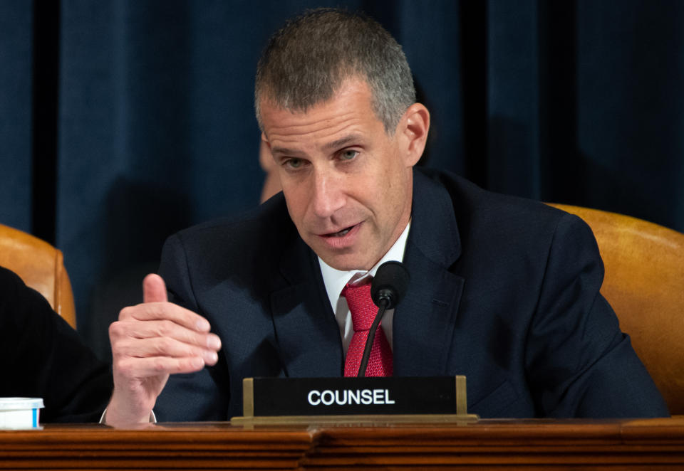 Steve Castor, general counsel for the Oversight and Government Reform Committee, speaks during an impeachment inquiry hearing in Washington, D.C. on Nov. 13, 2019. (Photo: Saul Loeb/AFP/Bloomberg via Getty Images)