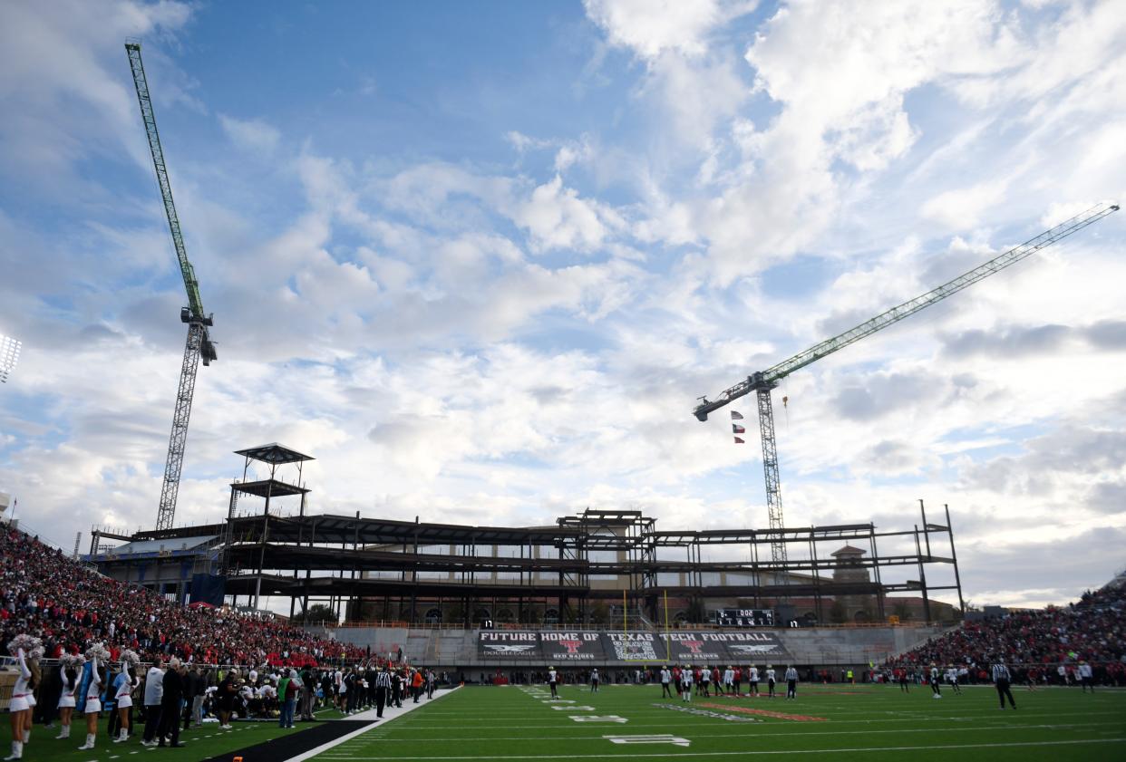 The framework of the new Jones AT&T Stadium south end zone building is shown during Texas Tech's regular-season finale last week against Central Florida. The four-level building is scheduled to be completed in June, Tech officials said this week.