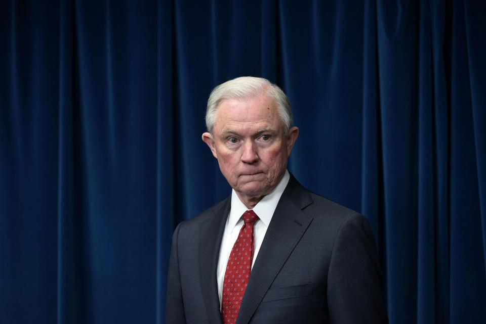 Attorney General Jeff Sessions waits for his turn to speak at the US Customs and Border Protection Press Room on March 6, 2017.