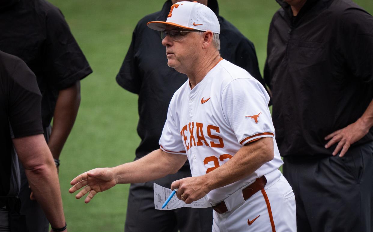 Texas Longhorns Head Coach David Pierce speaks to the umpires ahead of the LonghornsÕ game against the TCU Horned Frogs at UFCU Disch-Falk Field, Friday, April 19, 2024.