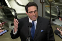 Personal attorney to President Donald Trump Jay Sekulow speaks to reporters during a recess in the impeachment trial of President Donald Trump on Capitol Hill in Washington, Wednesday, Jan. 22, 2020. (AP Photo/Jose Luis Magana))