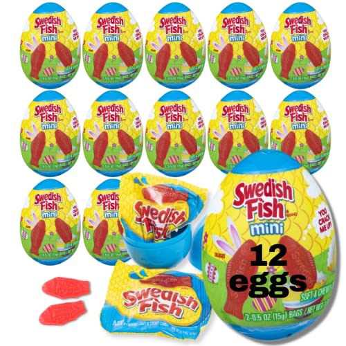 Swedish Fish Easter Candy Mini Filled Easter Egg Treats Delicious Easter Egg Fillers for Kids with Hard Shell Sweet Easter Egg Candy for Egg Hunt - Candy Filled Easter Eggs for Kids and Adults 0.88 oz. (12 Eggs)