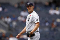 New York Yankees starting pitcher Jameson Taillon reacts as he is taken out of the game during the sixth inning of a baseball game against the Tampa Bay Rays on Monday, May 31, 2021, in New York. (AP Photo/Adam Hunger)