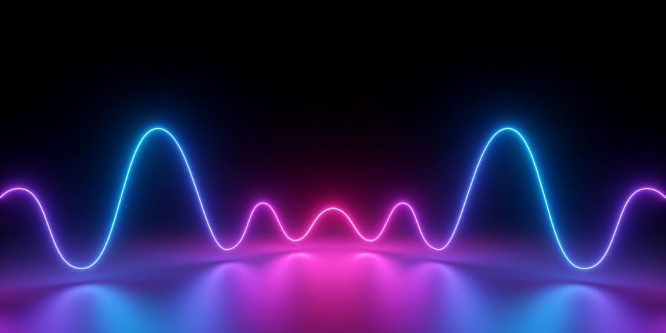 3d render, abstract background, glowing dynamic wavy lines on the floor, pink blue neon light, ultraviolet spectrum