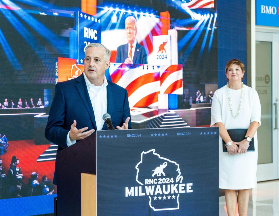(Left) RNC Chairman Michael Whatley and (Right) Committee on Arrangements (COA) Chairwoman Anne Hathaway unveil renderings of the stage design for the 2024 Republican National Convention, Tuesday, June 5, 2024, at Fiserv Forum in Milwaukee, Wisconsin.