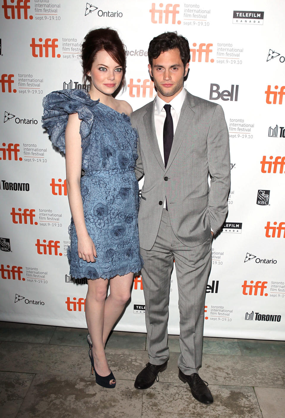 Emma Stone and Penn Badgley arrive at the "Easy A" premiere during the 2010 Toronto International Film Festival.