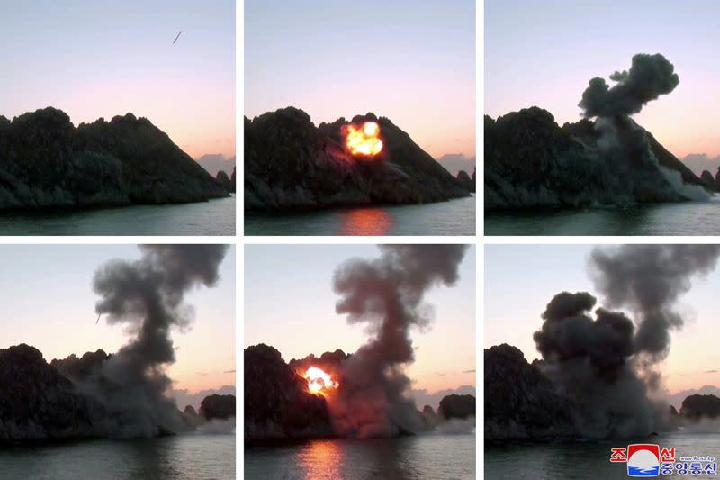 A combination of pictures show the testing of what local media call a super-large multiple rocket launcher in North Korea