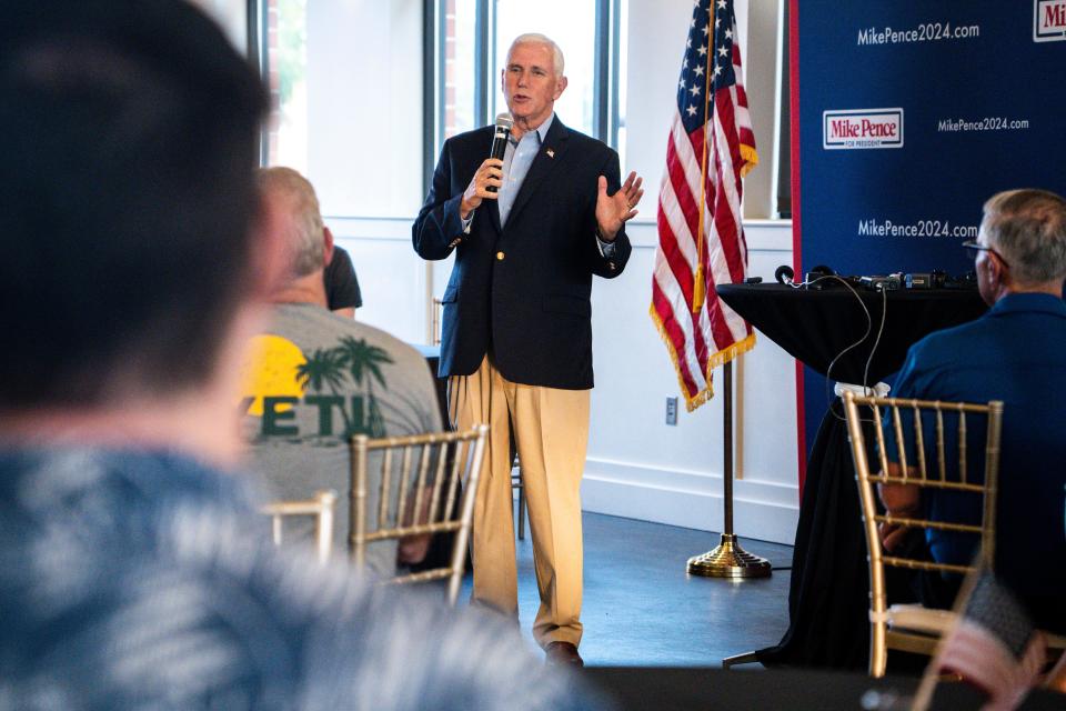 GOP presidential candidate Mike Pence speaks during a meeting of the Northside Conservatives Club at The District Venue on Wednesday, August 30, 2023 in Ankeny.