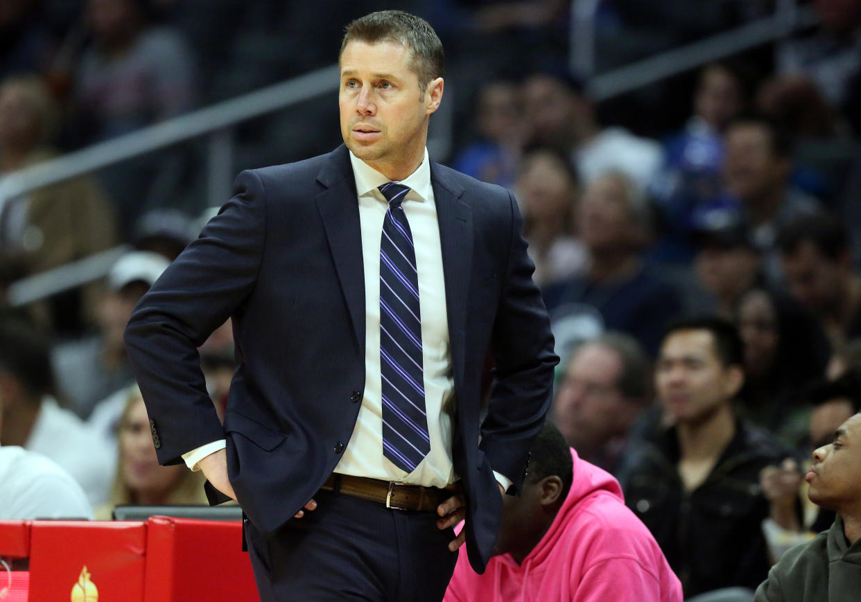 LOS ANGELES, CA - JANUARY 27: Sacramento Kings head coach Dave Joerger reacts after a call during the game against the Los Angeles Clippers on January 27, 2019, at Staples Center in Los Angeles, CA. (Photo by Adam  Davis/Icon Sportswire via Getty Images)