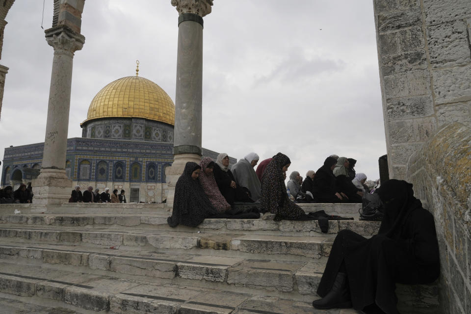 Muslim women take part in Friday prayers at the Dome of the Rock Mosque in the Al-Aqsa Mosque compound in the Old City of Jerusalem, Friday, Feb. 24, 2023. (AP Photo/Mahmoud Illean)