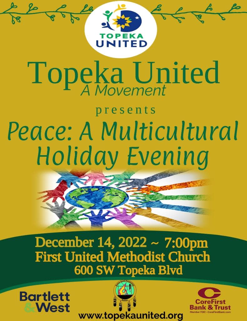 This poster highlights the public, multicultural holiday event, which will be Dec. 14 at First United Methodist Church. Topeka United is hosting the event.