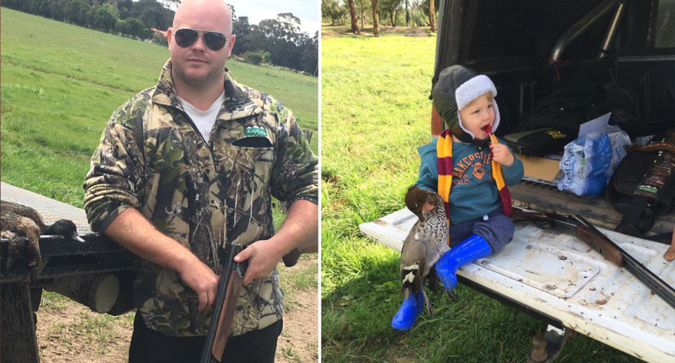 Split screen. Anthony Grogan wears sunglasses and stares at the camera with a gun in hand and a dead duck. Mr Grogan's son Duke sits on the back of a ute holding a dead duck. There is a gun behind him. 