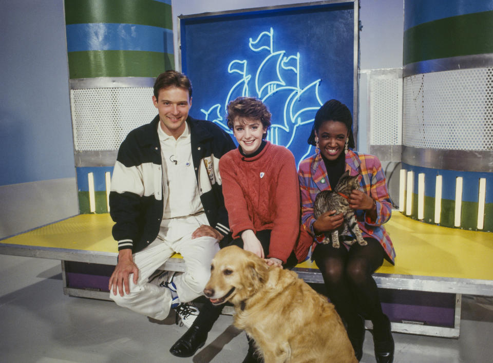 Blue Peter's television hosts John Leslie, Yvette Fielding   and Diane-Louise Jordan, UK, circa 1990. (Photo by Tim Roney/Getty Images)