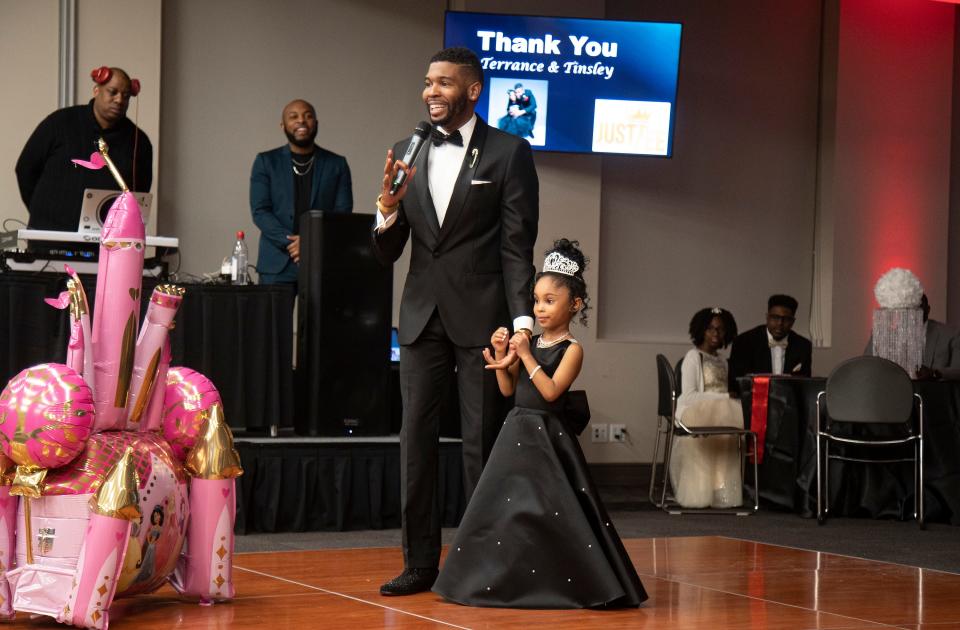Terrance and Tinsley Anderson at the princess ball, a father daughter dance at Bryant Conference Center in Tuscaloosa, Ala. on Saturday, Feb. 8, 2020. [Photo/Jake Arthur]