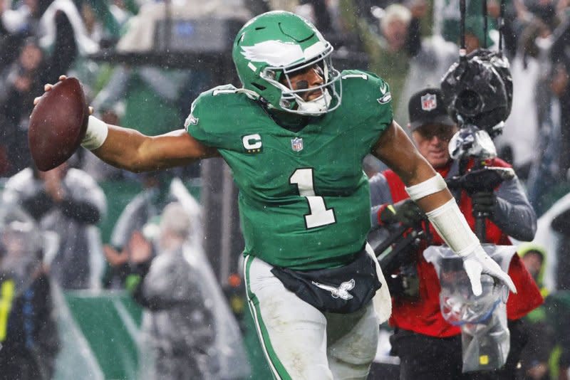 Philadelphia Eagles quarterback Jalen Hurts celebrates a touchdown against the Buffalo Bills on Sunday at Lincoln Financial Field in Philadelphia. Photo by Laurence Kesterson/UPI