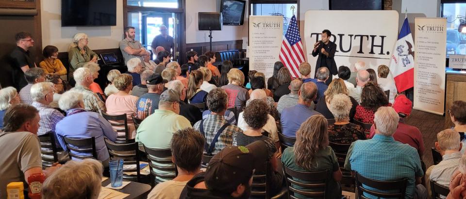 Republican Presidential Candidate Vivek Ramaswamy speaks in Marshalltown on Thursday, Aug. 31, 2023.