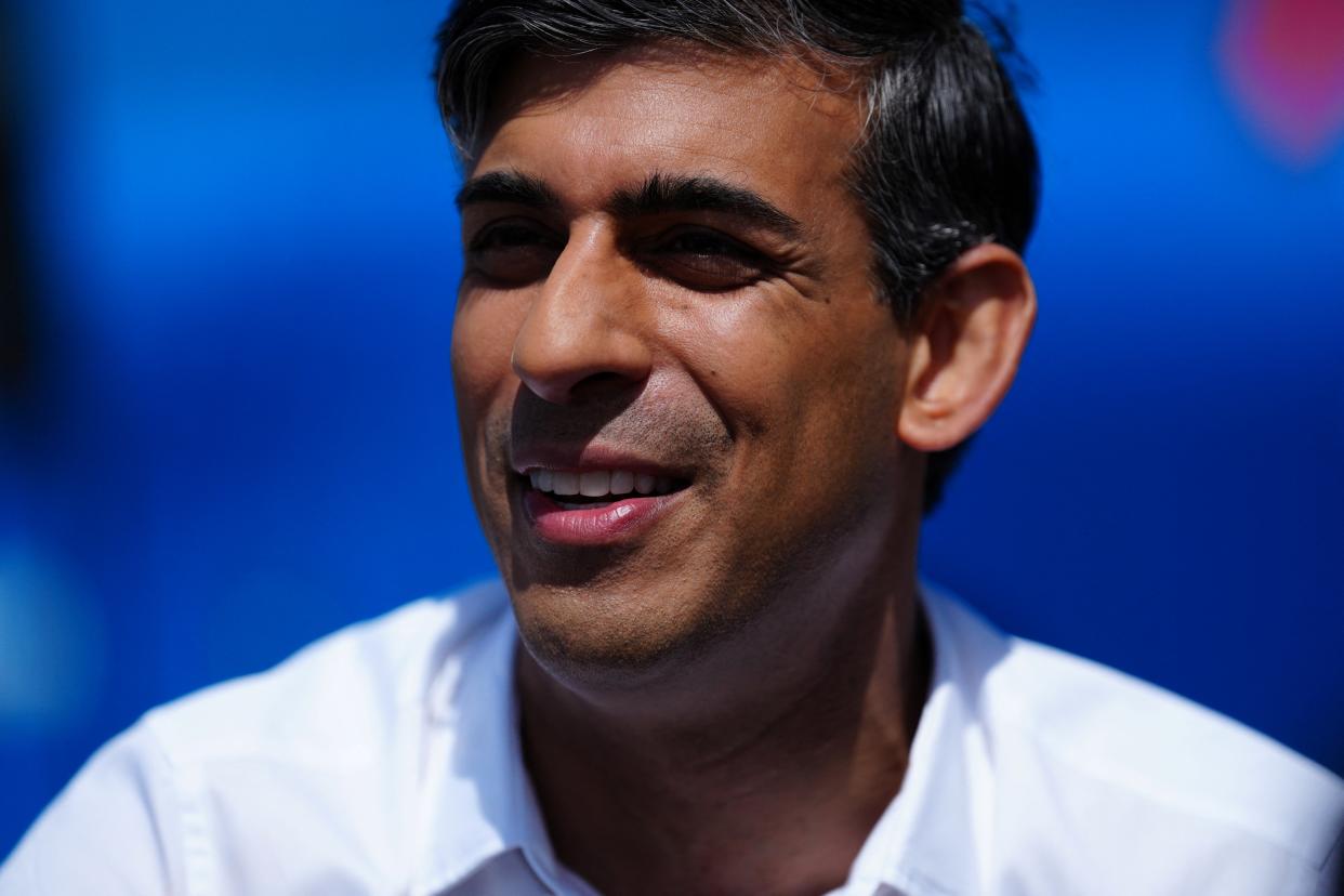 Britain's Prime Minister and Conservative Party leader Rishi Sunak speaks to journalists at Redcar racecourse as he launches the Conservative campaign bus in Redcar, northeast England, on June 1, 2024 ahead of a general election on July 4. (Photo by Carl Court / POOL / AFP) (Photo by CARL COURT/POOL/AFP via Getty Images)