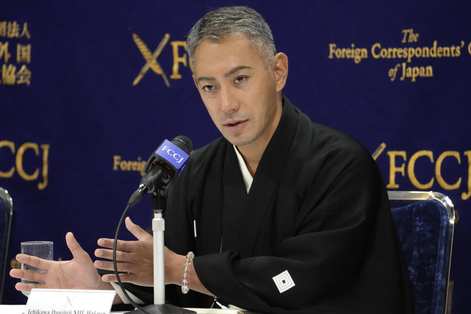 Japanese Kabuki actor Ichikawa Danjuro XIII, Hakuen speaks during a press conference at the Foreign Correspondents' Club of Japan in Tokyo, Friday, Nov. 3, 2022.(AP Photo/Shuji Kajiyama)