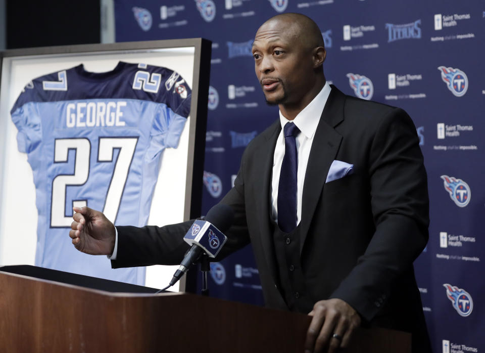 Former Tennessee Titans running back Eddie George speaks during an announcement at the Titans' NFL football training facility Wednesday, June 12, 2019, in Nashville, Tenn., that his number will be retired. The team will retire George's No. 27 and former quarterback Steve McNair's No. 9 on Sept. 15 at their home opener against the Indianapolis Colts. (AP Photo/Mark Humphrey)