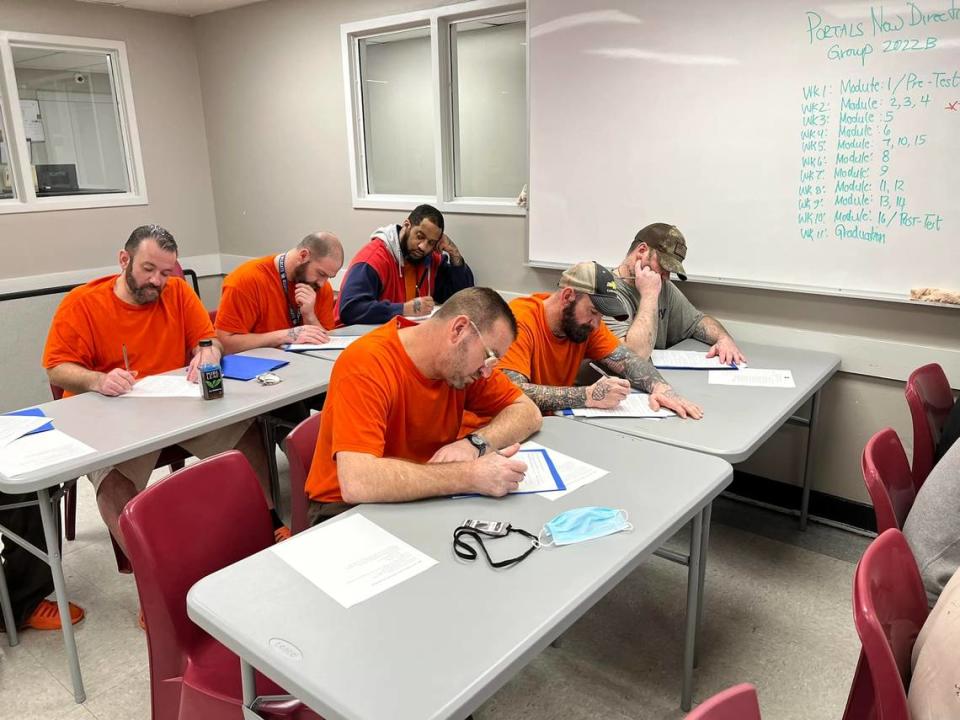 Inmates at the Boyle County Detention Center work through the PORTALS New Direction program, which helps them develop a plan to reenter society after incarceration.