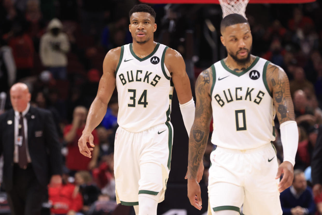 The Bucks could be without Giannis Antetokounmpo and Damian Lillard in an elimination game.  (Justin Casterline/Getty Images)