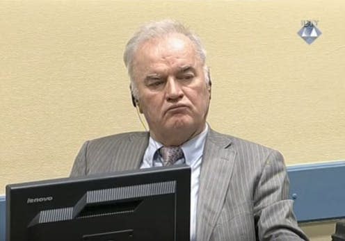 <span class="caption">Former general Mladić during proceedings in January.</span> <span class="attribution"><a class="link " href="https://www.flickr.com/photos/icty/31737888363/in/photolist-9Mgq4q-oMbmvS-57FJbJ-bv3iqL-GQnVnF-9MHbyF-7uTBvq-9SqZ6C-GQnVvB-QmyYtM-9Qf31o-Dpbets-21rZs4G-ZqwwKn-21rZtkE-GQnV18-Dpbex5-Dpbefm-GQnVEp-GQnWgz-ZqwwVT-GQnVdT-GQnWpF-GQnVNR" rel="nofollow noopener" target="_blank" data-ylk="slk:UN ICTY;elm:context_link;itc:0;sec:content-canvas">UN ICTY</a>, <a class="link " href="http://creativecommons.org/licenses/by/4.0/" rel="nofollow noopener" target="_blank" data-ylk="slk:CC BY;elm:context_link;itc:0;sec:content-canvas">CC BY</a></span>