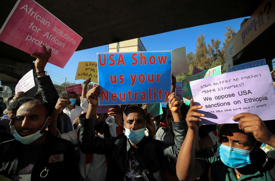 Ethiopian pro-government demonstrators attend a rally to protest against the U.S. action over alleged human rights abuses during the conflict in the Tigray region, in Addis Ababa, Ethiopia. (Tiksa Negeri/Reuters)