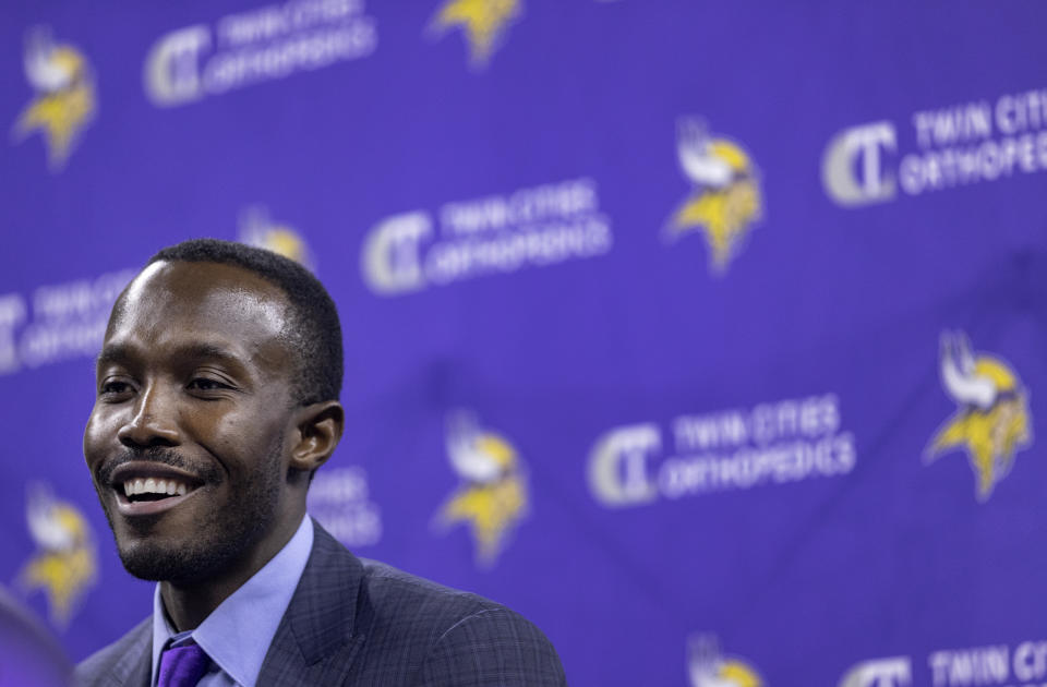 Minnesota Vikings new general manger Kwesi Adofo-Mensah smiles during a press conference Thursday, Jan. 27, 2022 at TCO Performance Center in Eagan, Minn.(Carlos Gonzalez/Star Tribune via AP)