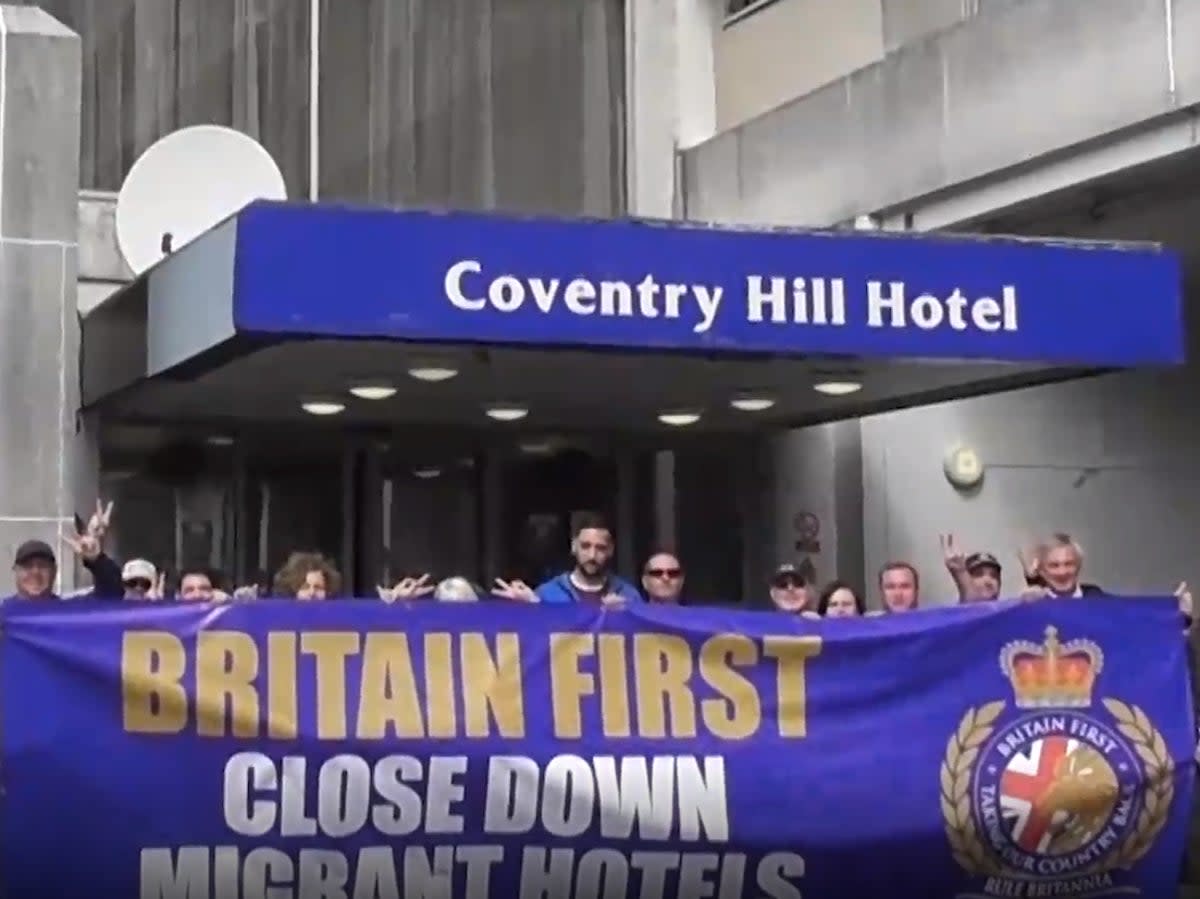 Britain First, seen at a protest at the Coventry Hill Hotel in August 2020, are among the groups that frequently target hotels used for asylum seekers (Telegram)