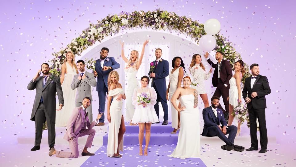 Pictured: (L-R)  Georges, Rosaline, Brad, Thomas, Terence, Peggy, Ella, Tasha, Arthur, Porscha, Jay, Laura, Paul, Nathanial, Shona and Luke.  - Married At First Sight UK 2023. (Channel 4)