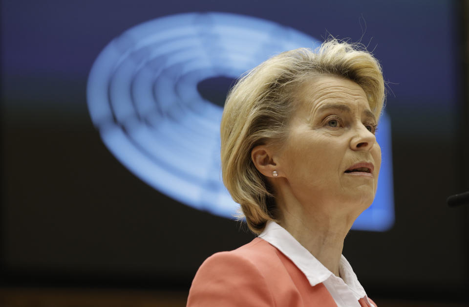 European Commission President Ursula von der Leyen speaks during a debate in the plenary at the European Parliament in Brussels, Monday, April 26, 2021. European Council President Charles Michel and European Commission President Ursula von der Leyen were reporting back to the parliament on Monday regarding their meeting with President Recep Tayyip Erdogan earlier this month aimed at improving strained EU-Turkey relations. (AP Photo/Olivier Matthys, Pool)