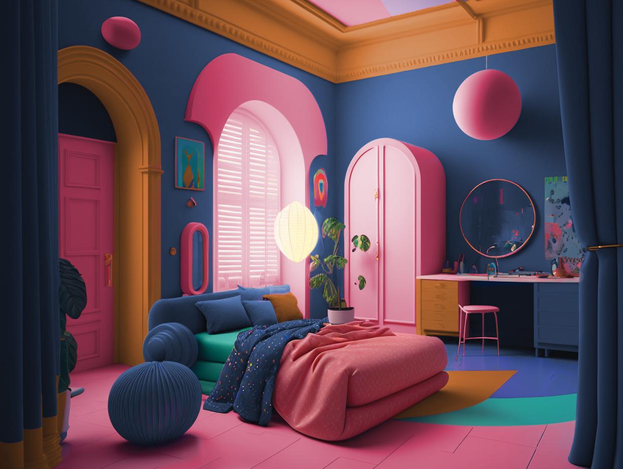  A bedroom painting with bright colors, with a multicolored rug 