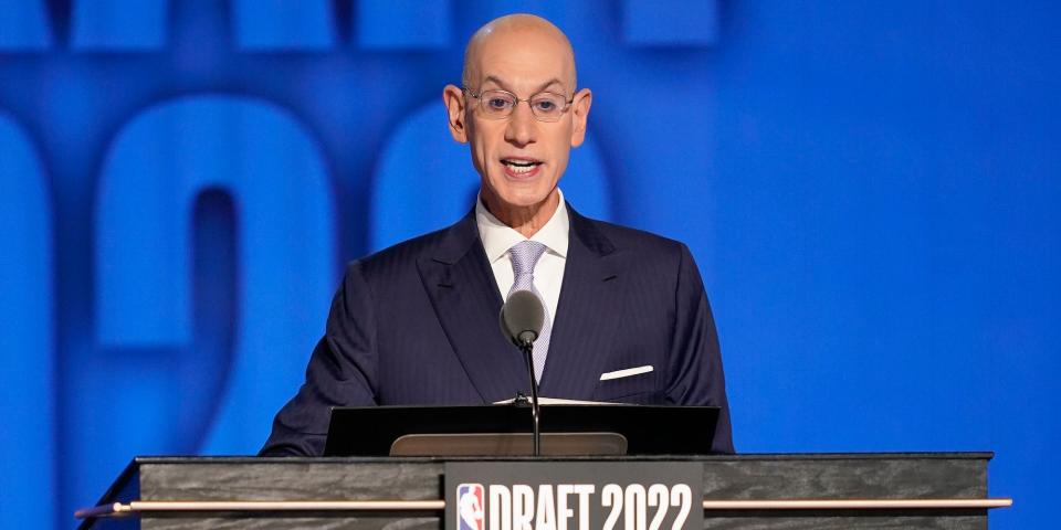 Adam Silver speaks at a podium during the 2022 NBA draft.