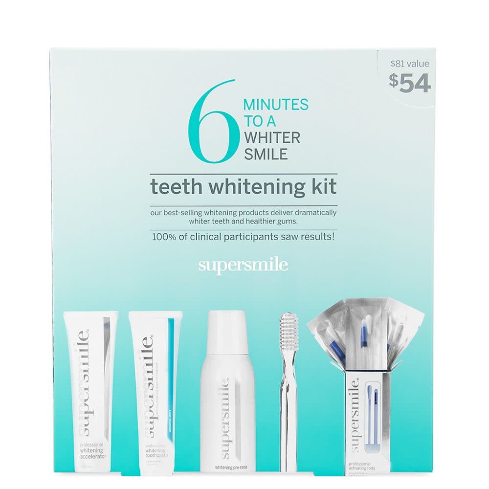 <p><a href="https://go.redirectingat.com?id=74968X1596630&url=https%3A%2F%2Fwww.saksfifthavenue.com%2Fproduct%2Fsupersmile-6-minutes-to-a-whiter-smile-5-piece-teeth-whitening-kit-0400011807768.html&sref=https%3A%2F%2Fwww.cosmopolitan.com%2Fstyle-beauty%2Fbeauty%2Fg44723746%2Fbest-teeth-whitening-kits%2F" rel="nofollow noopener" target="_blank" data-ylk="slk:Shop Now;elm:context_link;itc:0;sec:content-canvas" class="link rapid-noclick-resp">Shop Now</a></p><p>6 Minutes To A Whiter Smile 5-Piece Teeth Whitening Kit</p><p>saksfifthavenue.com</p><p>$62.00</p><span class="copyright">Saks Fifth Avenue</span>