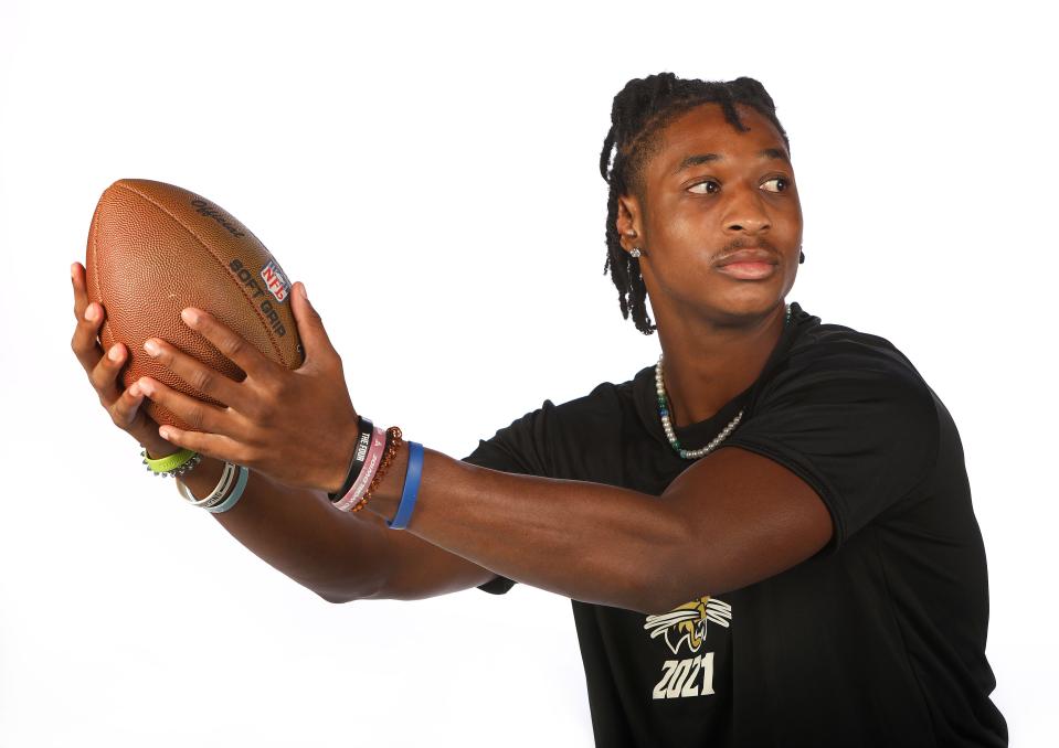 Jaren Hamilton will be a senior wide receiver at Buchholz High School, he is being recruited by many of the top college programs in the country, at The Sun studio in Gainesville FL. July 13, 2022.