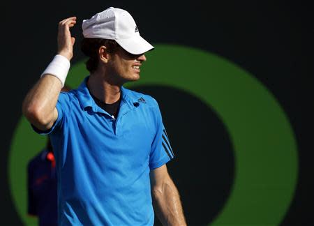 Mar 26, 2014; Miami, FL, USA; Andy Murray reacts during his match against Novak Djokovic (not pictured) on day ten of the Sony Open at Crandon Tennis Center. Geoff Burke-USA TODAY Sports