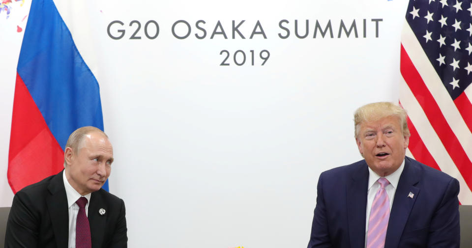 Russia's President Vladimir Putin and U.S. President Donald Trump attend a meeting on the sidelines of the G20 summit in Osaka, Japan June 28, 2019. Sputnik/Mikhail Klimentyev/Kremlin via REUTERS  ATTENTION EDITORS - THIS IMAGE WAS PROVIDED BY A THIRD PARTY.