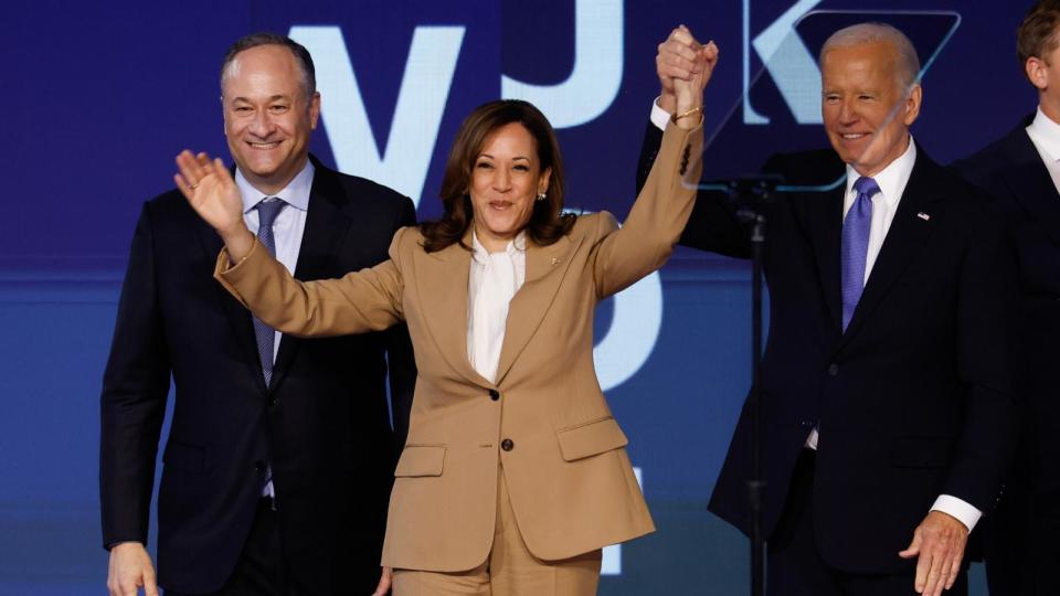 PHOTO: Second Gentleman Doug Emhoff, Democratic presidential candidate, Vice President Kamala Harris and President Joe Biden on stage at the end of the first day of the Democratic National Convention on August 19, 2024 in Chicago. (Chip Somodevilla/Getty Images)