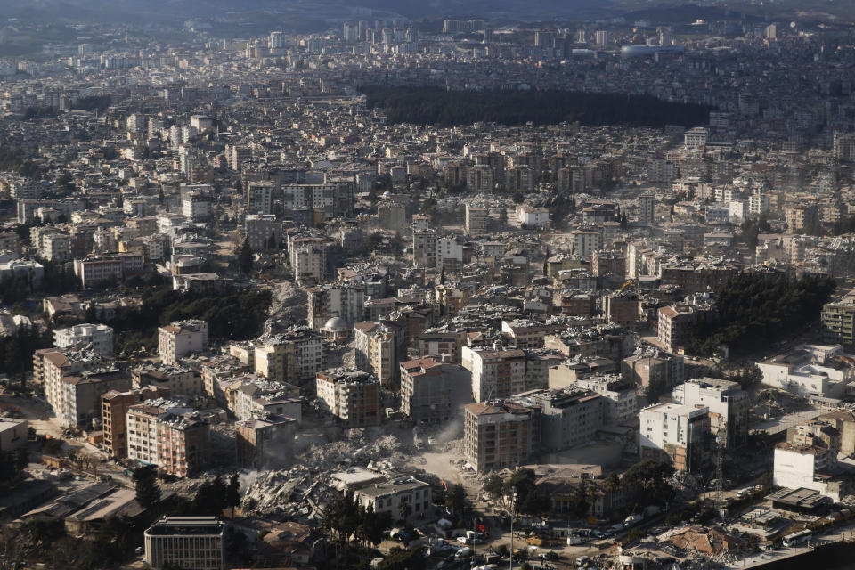 A general view of damage following a deadly earthquake, as U.S. Secretary of State Antony Blinken and Turkish Foreign Minister Mevlut Cavusoglu take a helicopter tour of earthquake stricken areas of Hatay Province, Turkey, Sunday, Feb. 19, 2023. (Clodagh Kilcoyne/Pool Photo via AP)