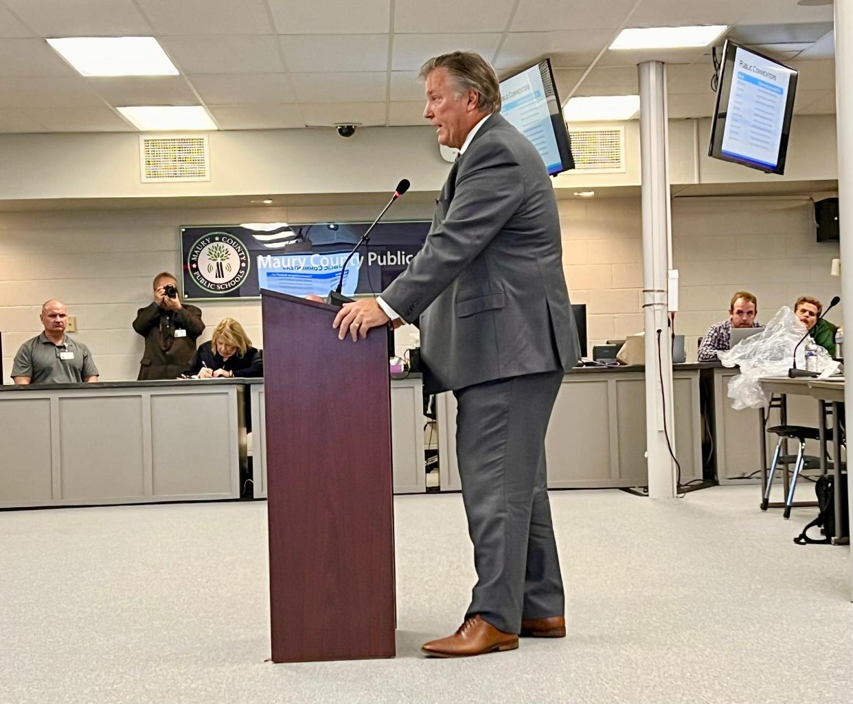 State Rep. Scott Cepicky speaks at the Sept. 21 State Charter School Commission meeting concerning the proposed ACE charter school in Maury County, stating he supports the school's approval.