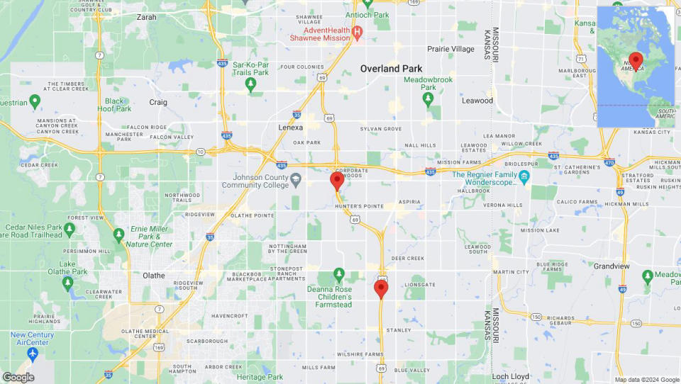 A detailed map that shows the affected road due to 'Lane on US-69 closed in Overland Park' on July 22nd at 1:15 p.m.