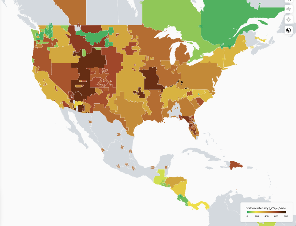 This map shows the carbon intensity of various utility providers throughout the U.S. Green areas are the least carbon intensive while dark brown areas are the most.  / Credit: Electricity Maps