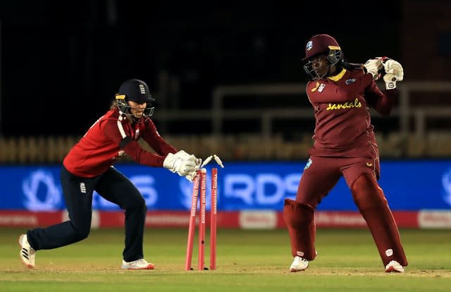 Amy Jones stumps West Indies’ Lee-Ann Kirby 