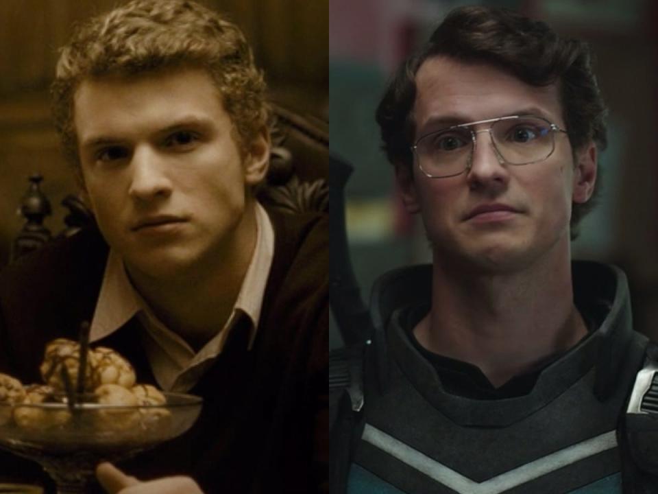 On the left: Freddie Stroma as Cormac McLaggen in "Harry Potter and the Half-Blood Prince." On the right: Stroma as Adrian Chase/Vigilante in "Peacemaker."