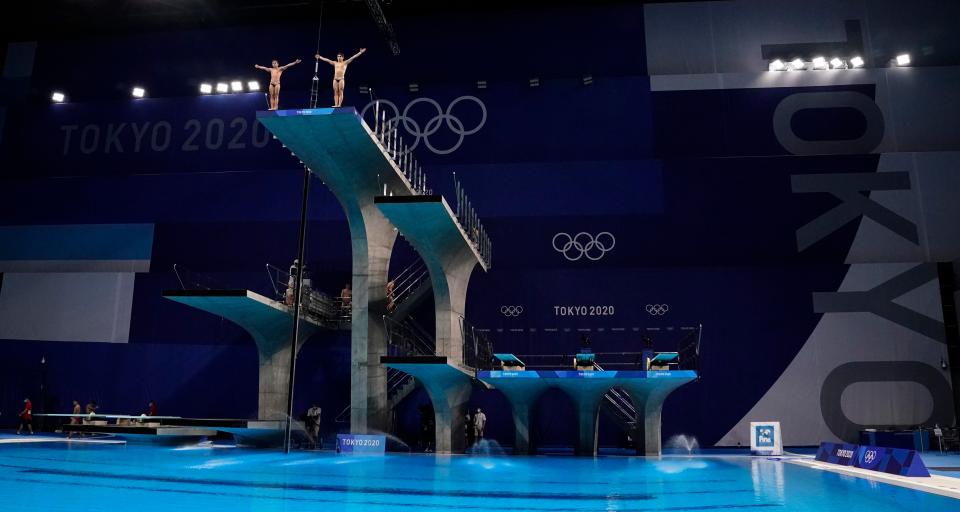 Jose Balleza Isaias and Kevin Berlin Reyes (MEX) compete in the men's 10m platform synchronized diving competition on Monday, July 26, 2021, during the Tokyo 2020 Olympic Summer Games at Tokyo Aquatics Centre in Tokyo, Japan. 