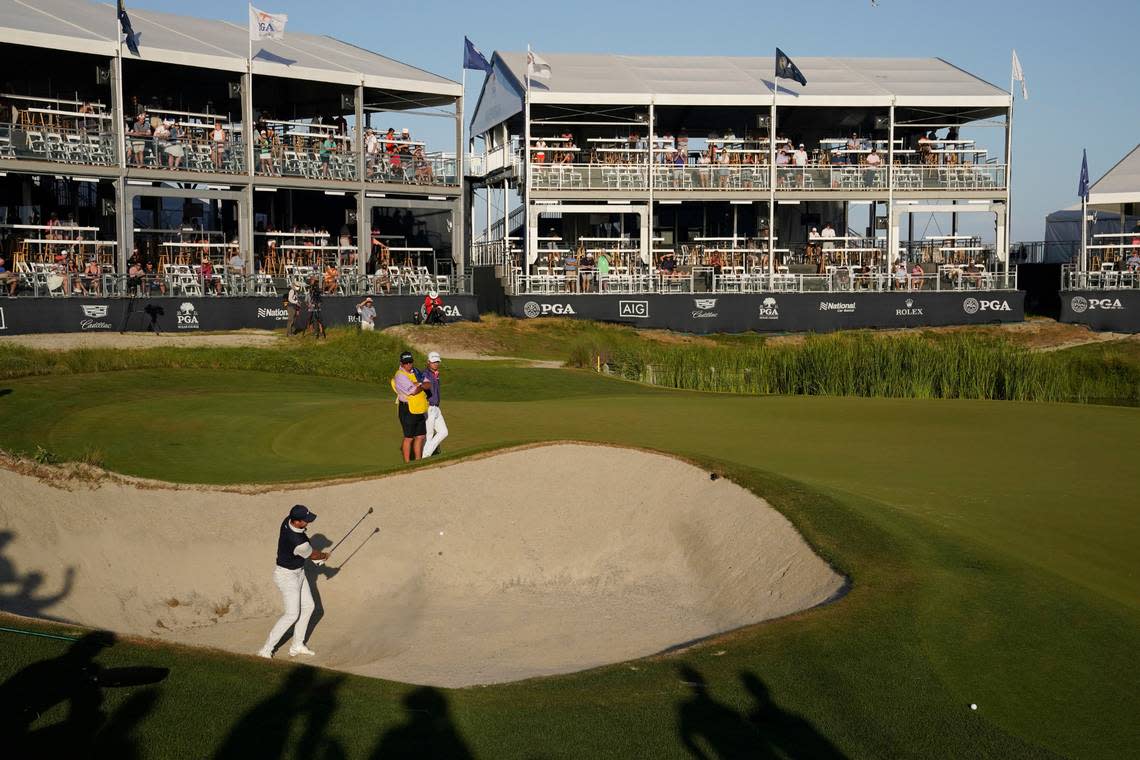 Rory McIlroy hits his second shot on the 17th hole Friday during the second round of the PGA Championship golf tournament on the Ocean Course.