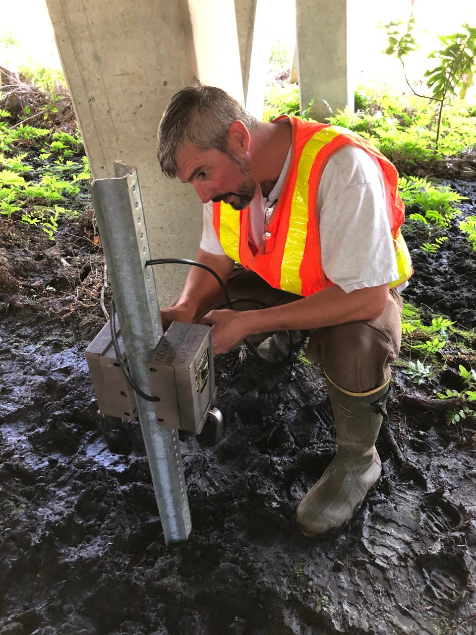 Travis W. Wilson, Eastern Department of Transportation Habitat Conservation Coordinator with North Carolina Wildlife Resources Commission, checks a camera used to monitor a wildlife crossing in Brunswick County.