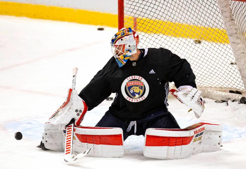 Florida Panthers goalie Chris Driedger (60) blocks a shot during training camp in preparation for the 2021 NHL season at the BB&T Center on Sunday, January 10, 2021 in Sunrise.