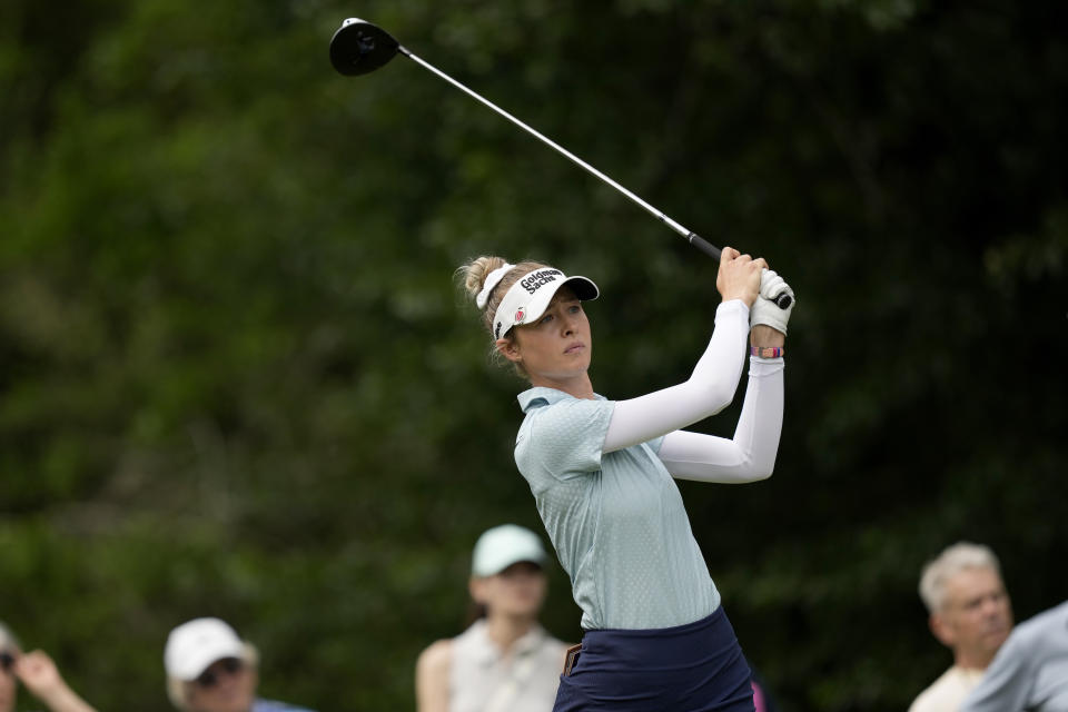 Nelly Korda hits from the 11th tee during the second round of the Chevron Championship LPGA golf tournament Friday, April 19, 2024, at The Club at Carlton Woods, in The Woodlands, Texas. (AP Photo/David J. Phillip)